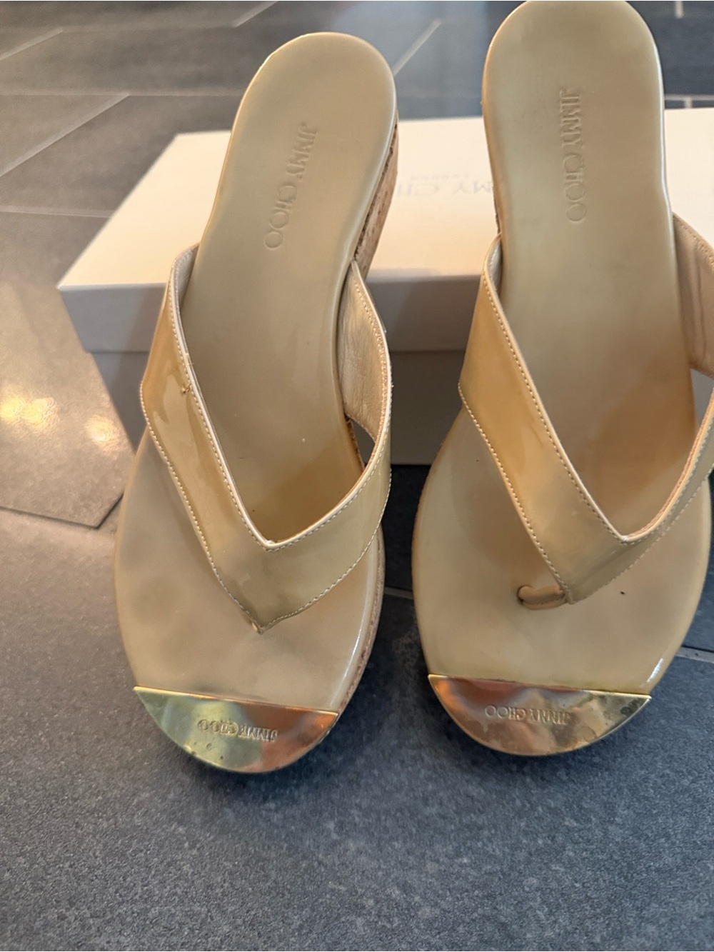 Jimmy Choo Beige Thong Mules with Gold Toe Caps
